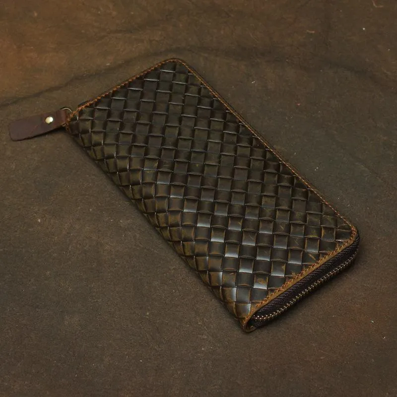 Vintage Braided Brown Leather Men's Clutch Long Wallet Zipper Long Wallet For Men