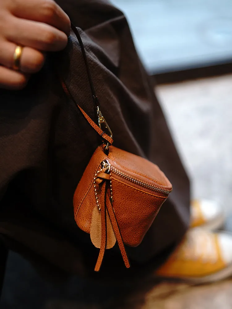 Vintage Brown Leather Wristlet Wallet Cube Zip Clutch Wallet Womens Tan Ladies Zip Around Wallets for Women