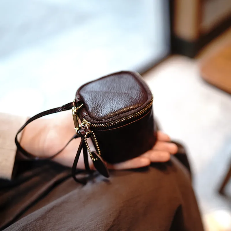Vintage Brown Leather Wristlet Wallet Cube Zip Clutch Wallet Womens Tan Ladies Zip Around Wallets for Women