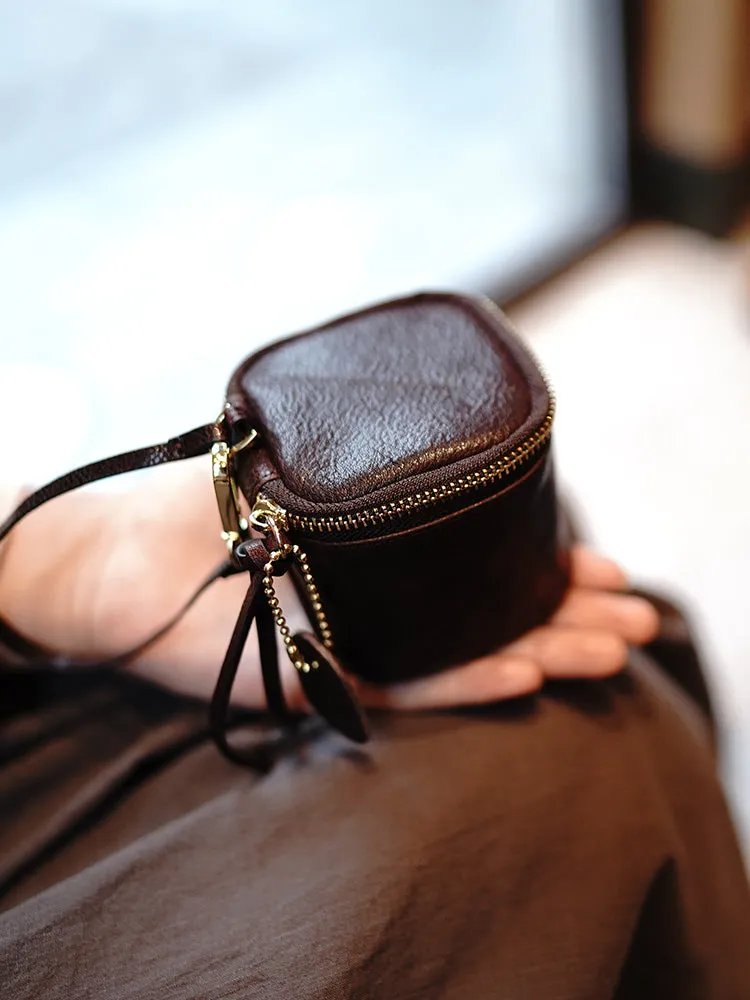 Vintage Brown Leather Wristlet Wallet Cube Zip Clutch Wallet Womens Tan Ladies Zip Around Wallets for Women