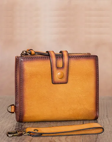 Vintage Coffee Leather Small Wristlet Wallet Womens Billfold Wallet Bifold Small Wallet for Women