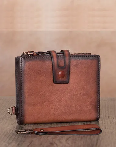 Vintage Coffee Leather Small Wristlet Wallet Womens Billfold Wallet Bifold Small Wallet for Women