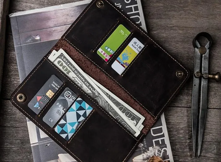 Vintage Cool Leather Long Wallets for men Bifold Men Long Wallets