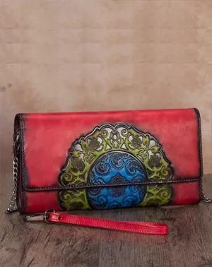 Vintage Floral Red Leather Wristlet Wallet Womens Floral Shoulder Wallet Purse Zip Purse Chain Shoulder Bag for Women