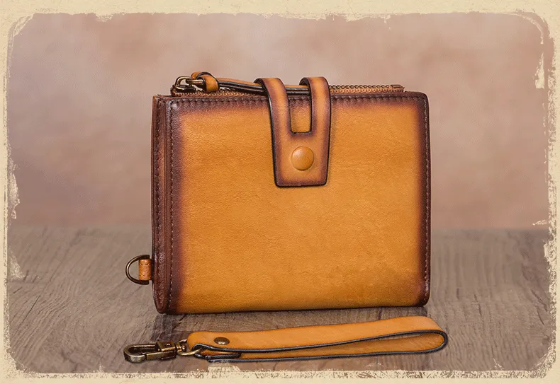Vintage Gray Leather Small Wristlet Wallet Womens Billfold Wallet Bifold Small Wallet for Women