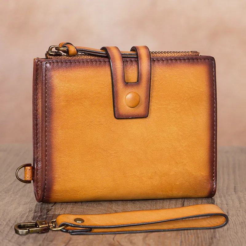Vintage Gray Leather Small Wristlet Wallet Womens Billfold Wallet Bifold Small Wallet for Women