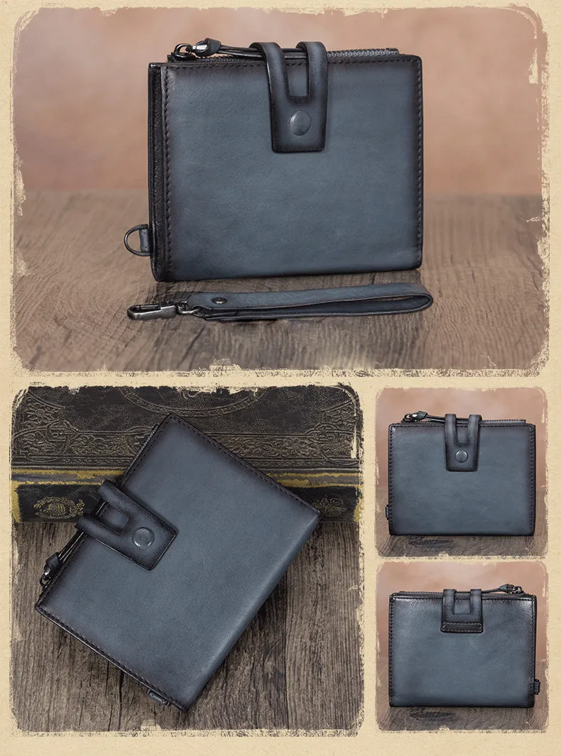 Vintage Gray Leather Small Wristlet Wallet Womens Billfold Wallet Bifold Small Wallet for Women