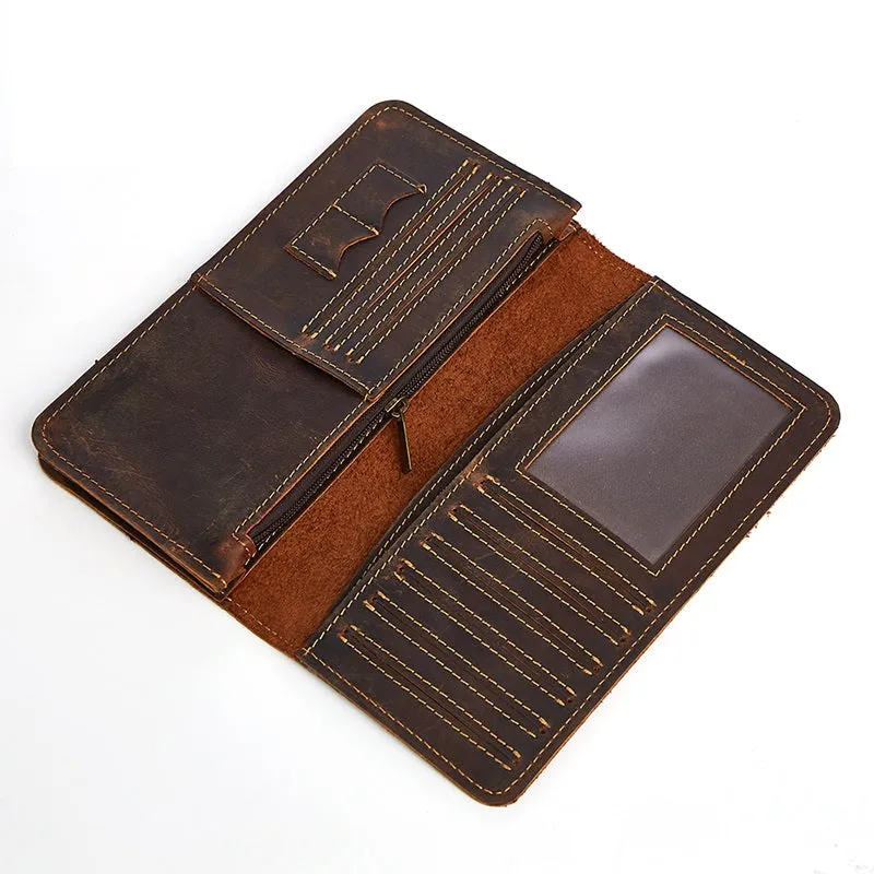 Vintage Leather Long Wallet for Men Bifold Coffee Wallet