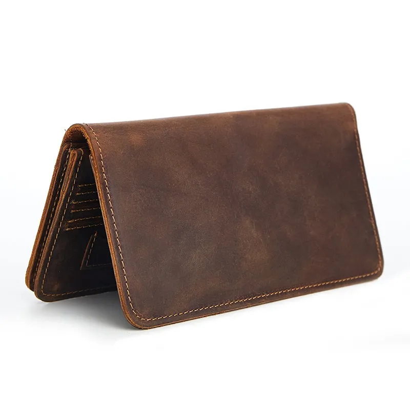 Vintage Leather Long Wallet for Men Bifold Coffee Wallet