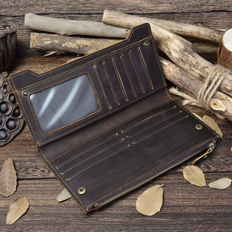 Vintage Leather Long Wallet for Men Bifold Coffee Wallet