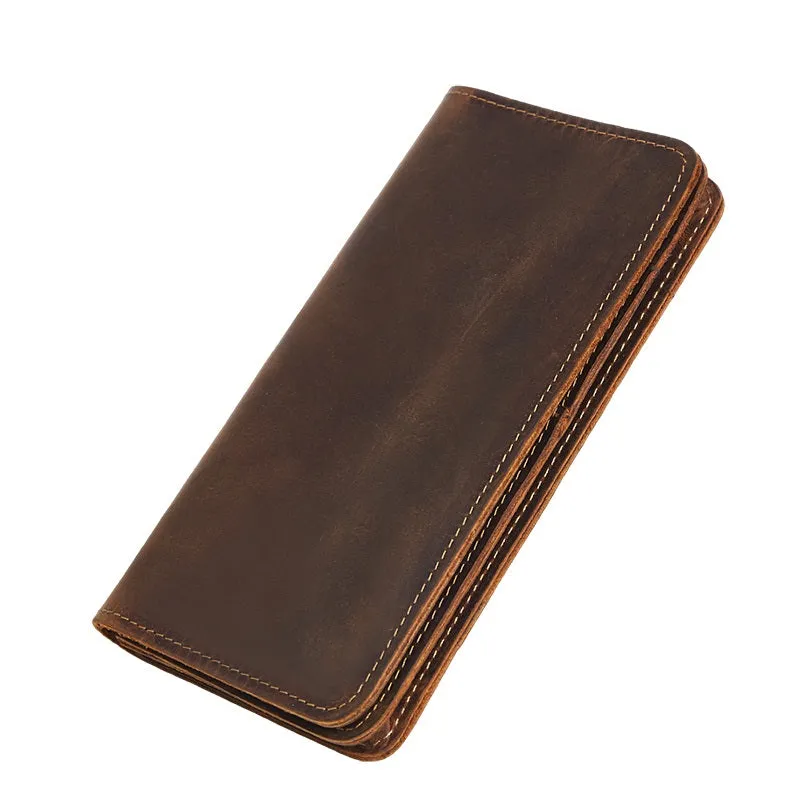 Vintage Leather Long Wallet for Men Bifold Coffee Wallet
