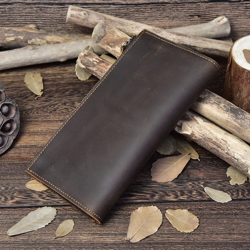 Vintage Leather Long Wallet for Men Bifold Coffee Wallet
