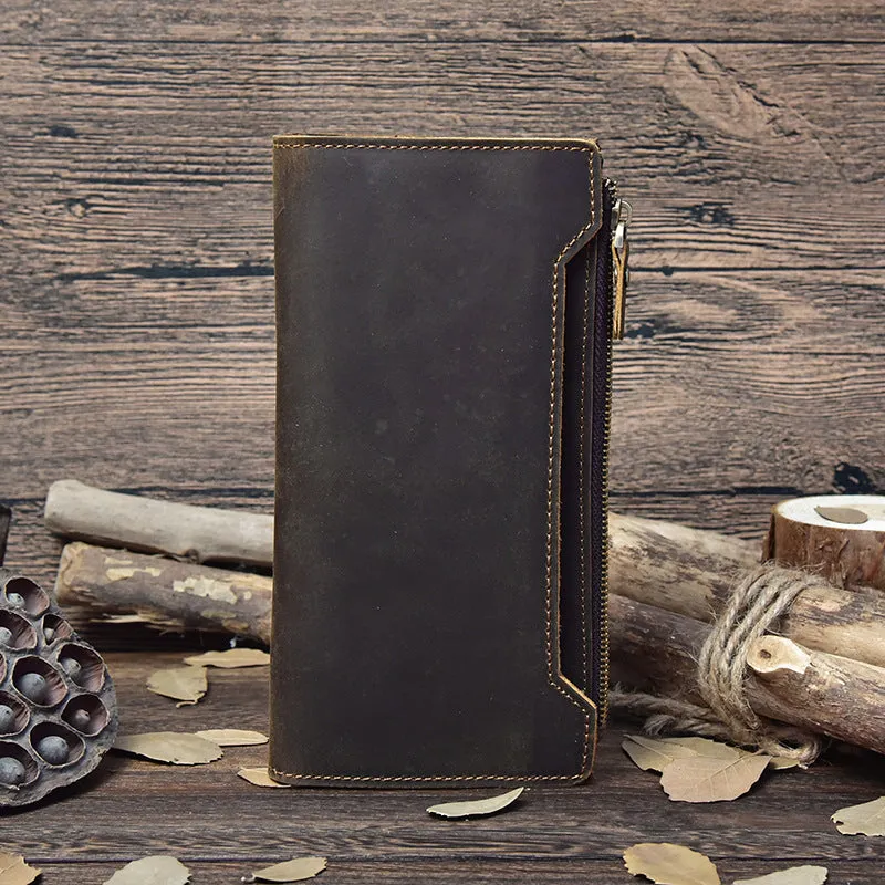 Vintage Leather Long Wallet for Men Bifold Coffee Wallet