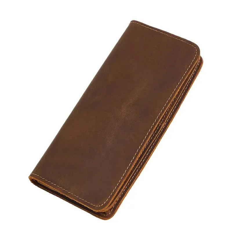 Vintage Leather Long Wallet for Men Bifold Coffee Wallet