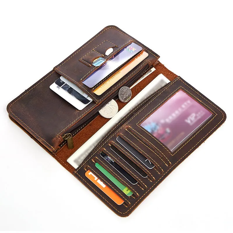 Vintage Leather Long Wallet for Men Bifold Coffee Wallet