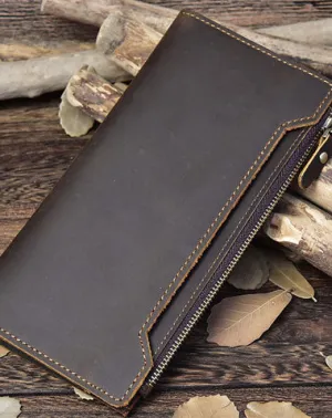 Vintage Leather Long Wallet for Men Bifold Coffee Wallet