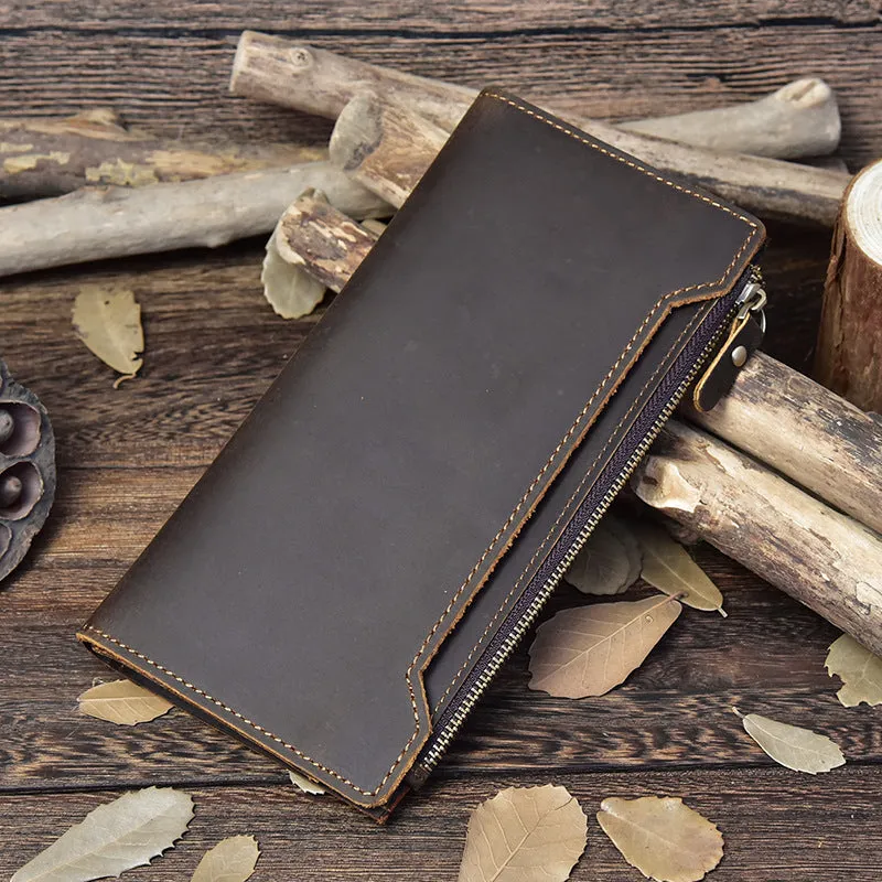 Vintage Leather Long Wallet for Men Bifold Coffee Wallet