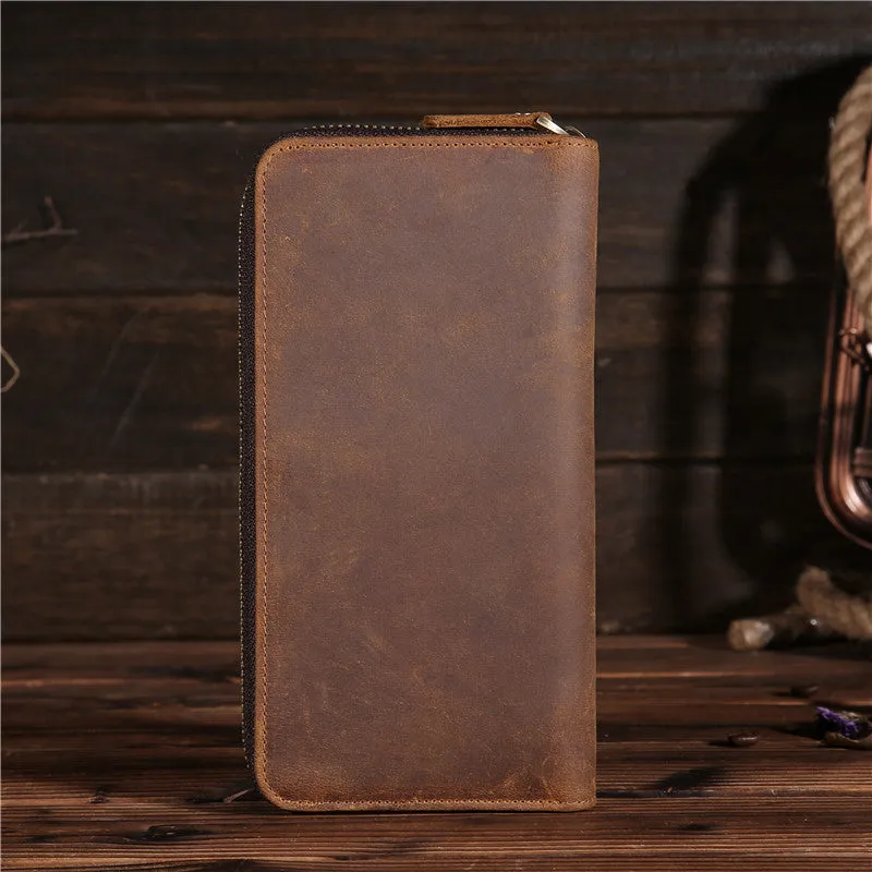 Vintage Leather Long Wallet for Men Bifold Zipper Wallet