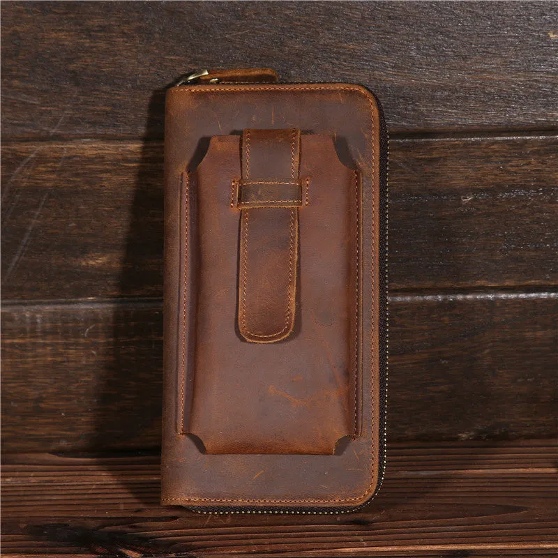 Vintage Leather Long Wallet for Men Bifold Zipper Wallet
