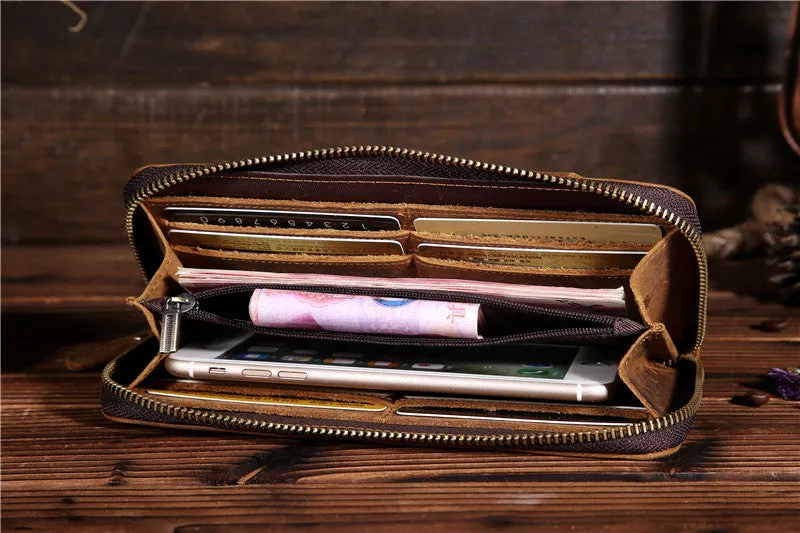 Vintage Leather Long Wallet for Men Bifold Zipper Wallet