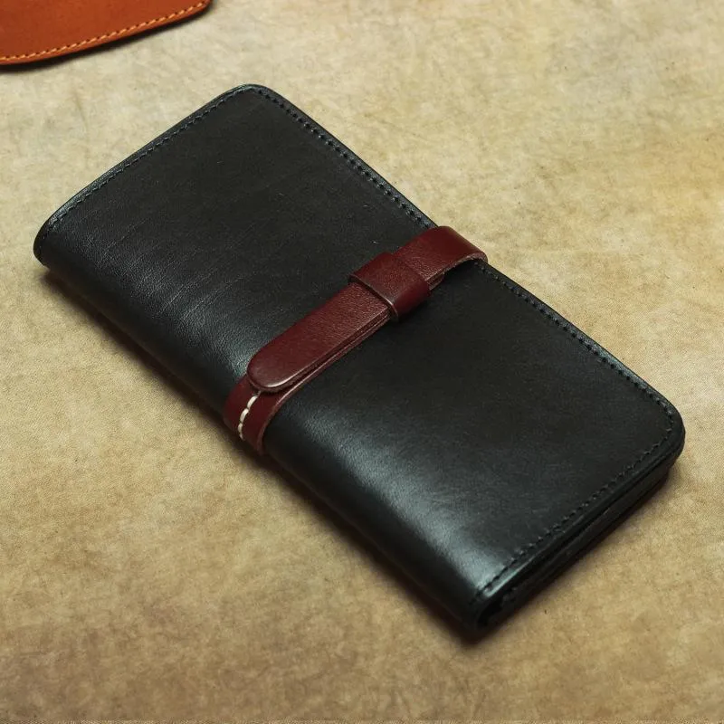 Vintage Leather Men's Bifold Long Wallet Black Brown Blue Long Wallet For Men