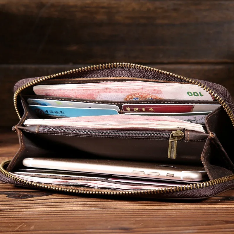 Vintage Leather Mens Long Wallet Zipper Clutch Wallet For Men