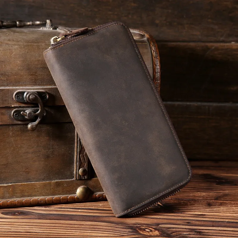 Vintage Leather Mens Long Wallet Zipper Clutch Wallet For Men