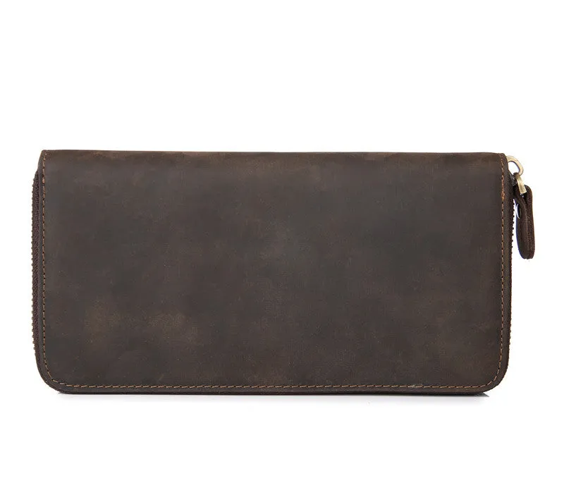 Vintage Leather Mens Long Wallet Zipper Clutch Wallet For Men