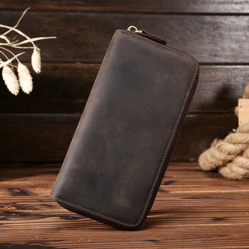 Vintage Leather Mens Long Wallet Zipper Clutch Wallet For Men