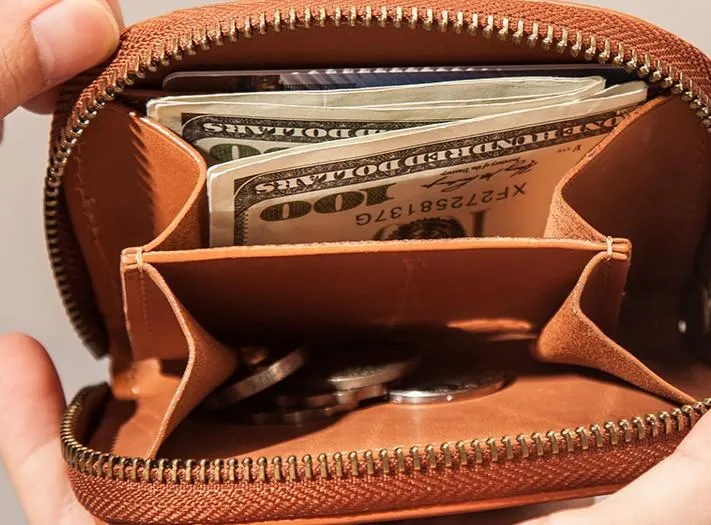 Vintage Leather Mens Small Wallet Zipper Card billfold Coin Wallet for Men