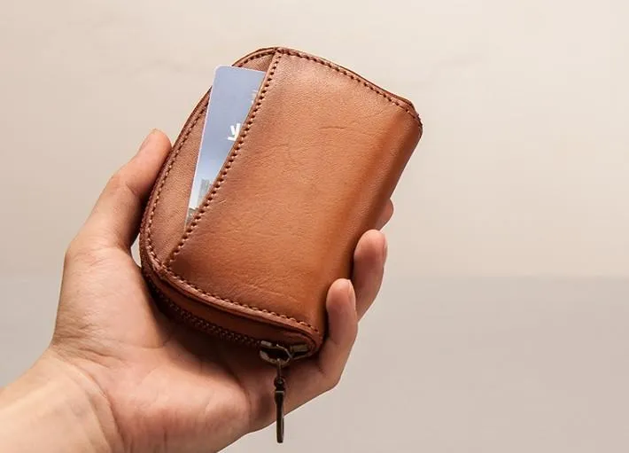 Vintage Leather Mens Small Wallet Zipper Card billfold Coin Wallet for Men