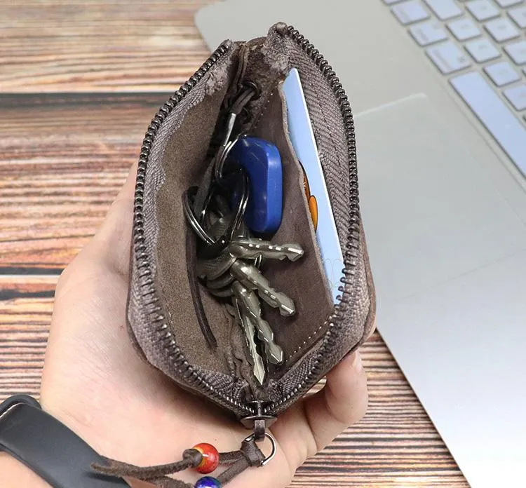Vintage Mens Leather Key Wallet Zipper Key Holder Coin Wallet Change Pouch For Men