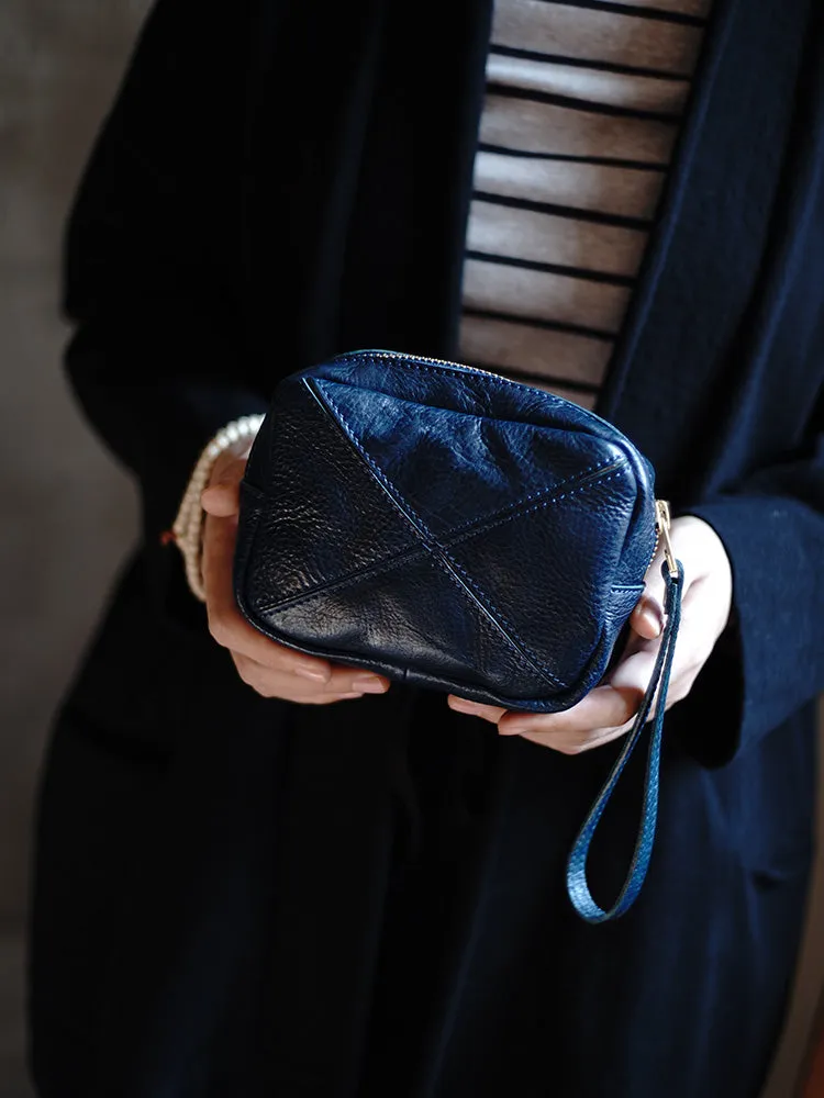 Vintage Navy Leather Wristlet Wallet Zipper Clutch Wallet Womens Tan Ladies Zip Around Wallets for Women