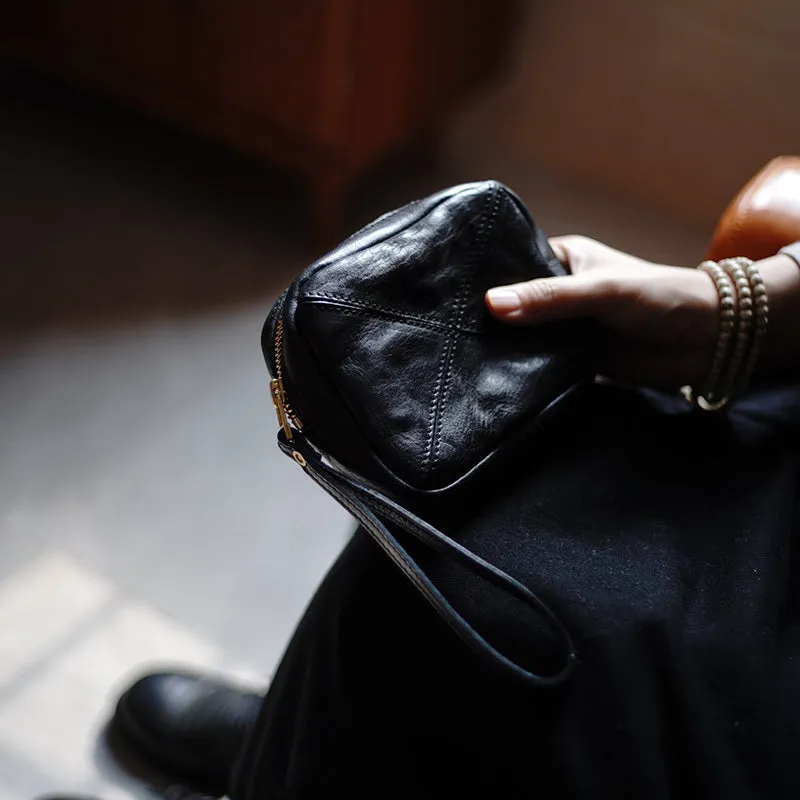 Vintage Navy Leather Wristlet Wallet Zipper Clutch Wallet Womens Tan Ladies Zip Around Wallets for Women