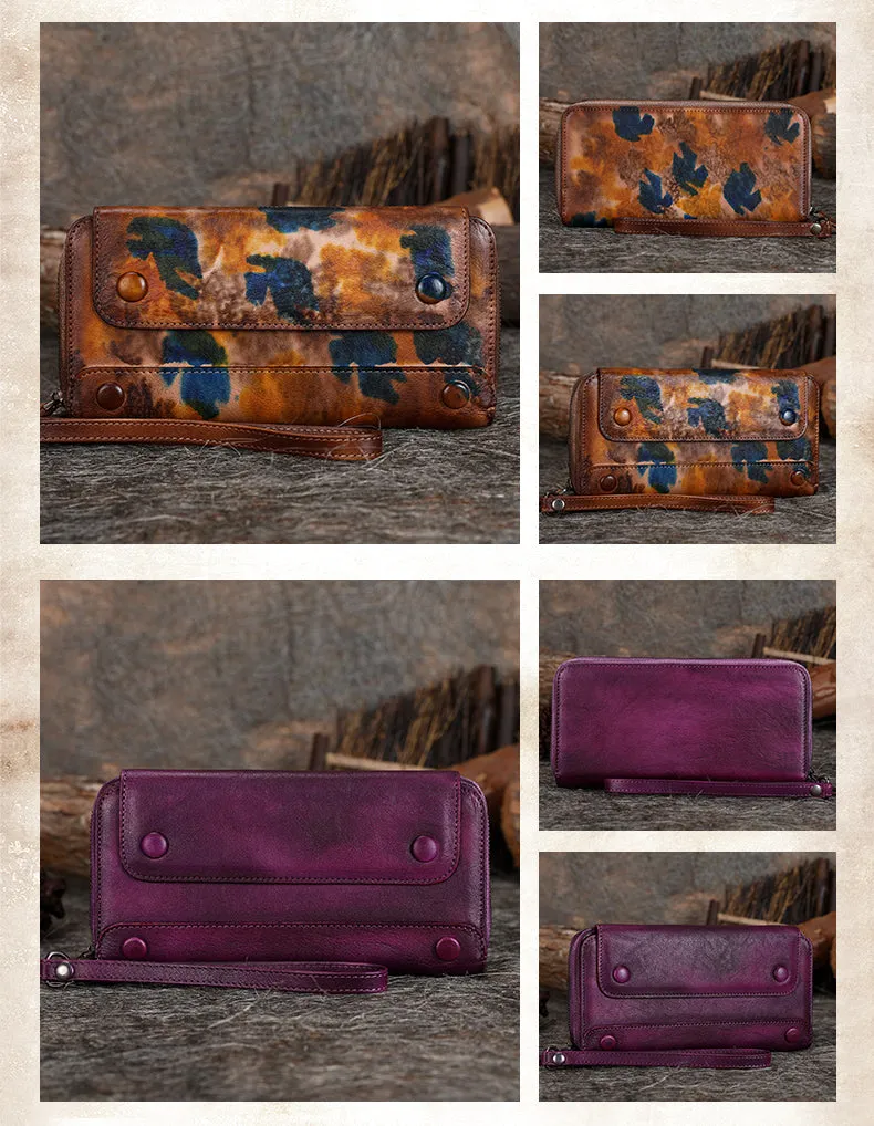 Vintage Purple Leather Wristlet Wallets Womens Zip Around Wallet Ladies Bifold Clutch Wallet for Women