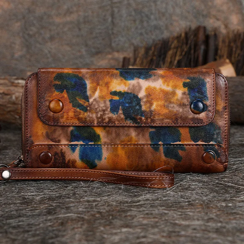 Vintage Purple Leather Wristlet Wallets Womens Zip Around Wallet Ladies Bifold Clutch Wallet for Women