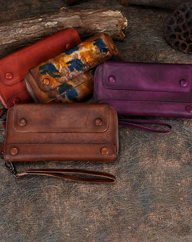 Vintage Purple Leather Wristlet Wallets Womens Zip Around Wallet Ladies Bifold Clutch Wallet for Women