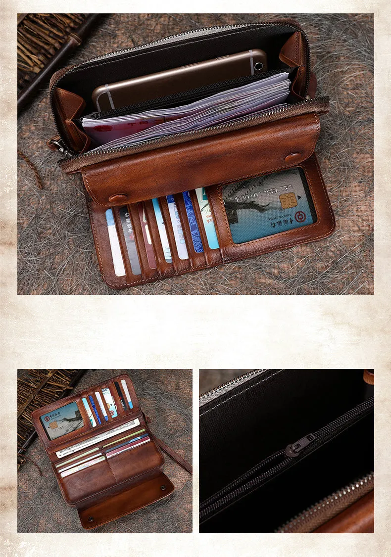 Vintage Purple Leather Wristlet Wallets Womens Zip Around Wallet Ladies Bifold Clutch Wallet for Women