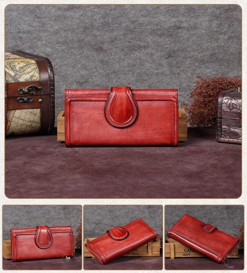 Vintage Purple Womens Long Bifold Wallet Brown Leather Wallet Red Clutch Wallet Purse