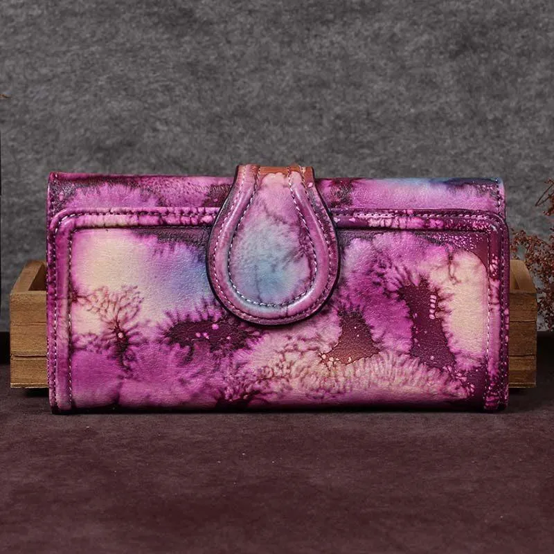 Vintage Purple Womens Long Bifold Wallet Brown Leather Wallet Red Clutch Wallet Purse