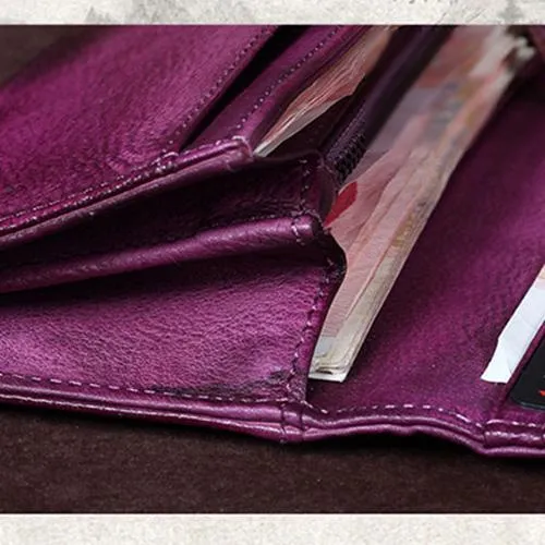 Vintage Purple Womens Long Bifold Wallet Brown Leather Wallet Red Clutch Wallet Purse