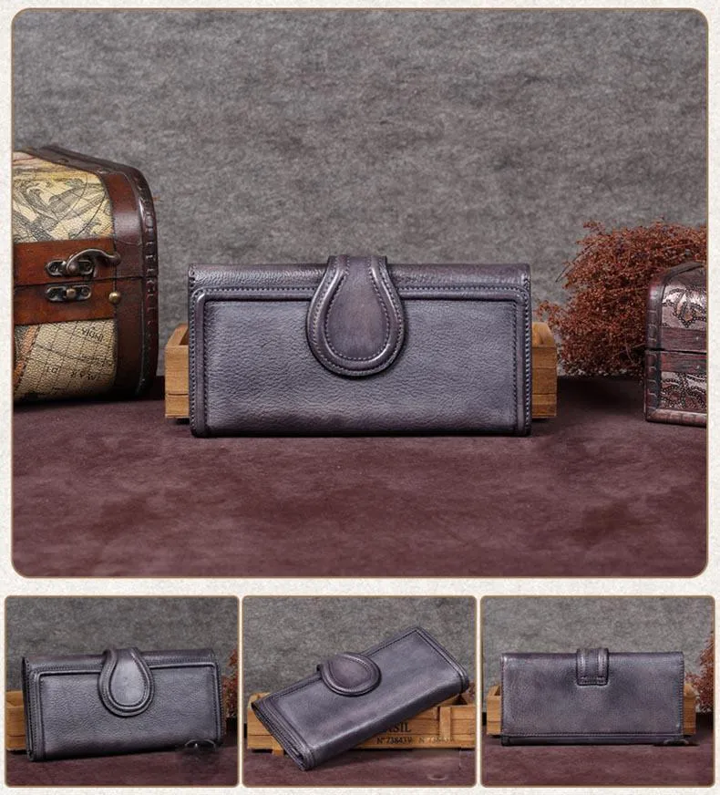 Vintage Purple Womens Long Bifold Wallet Brown Leather Wallet Red Clutch Wallet Purse