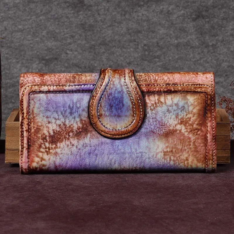 Vintage Purple Womens Long Bifold Wallet Brown Leather Wallet Red Clutch Wallet Purse