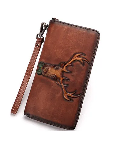 Vintage Reindeer Tan Leather Wristlet Wallets Womens Zip Around Wallet Reindeer Ladies Zipper Clutch Wallets for Women