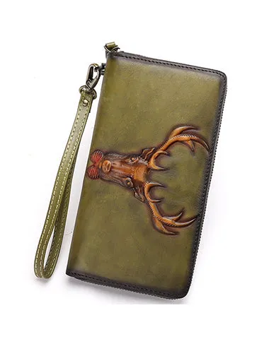 Vintage Reindeer Tan Leather Wristlet Wallets Womens Zip Around Wallet Reindeer Ladies Zipper Clutch Wallets for Women