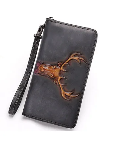 Vintage Reindeer Tan Leather Wristlet Wallets Womens Zip Around Wallet Reindeer Ladies Zipper Clutch Wallets for Women