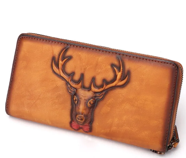Vintage Reindeer Tan Leather Wristlet Wallets Womens Zip Around Wallet Reindeer Ladies Zipper Clutch Wallets for Women