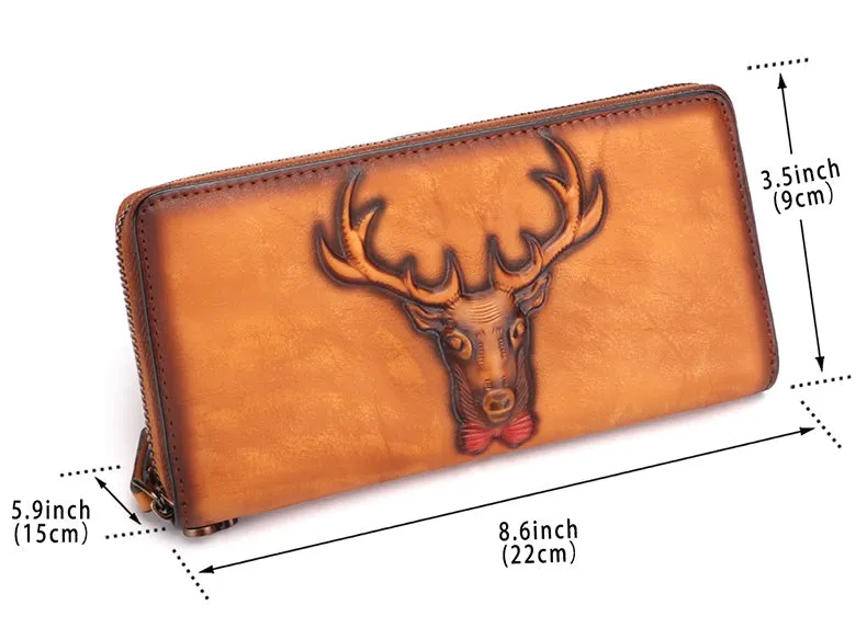 Vintage Reindeer Tan Leather Wristlet Wallets Womens Zip Around Wallet Reindeer Ladies Zipper Clutch Wallets for Women