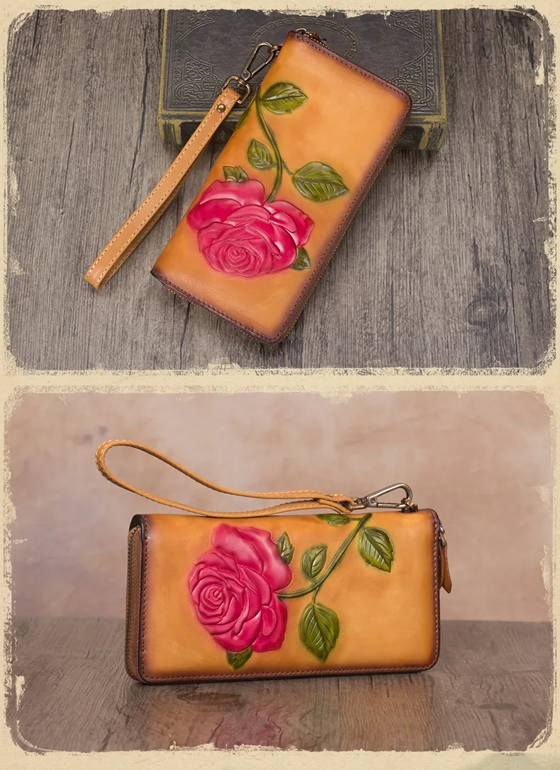 Vintage Rose Flower Gray Leather Wristlet Wallet Womens Rose Zip Around Wallets Flower Ladies Zipper Clutch Wallet for Women