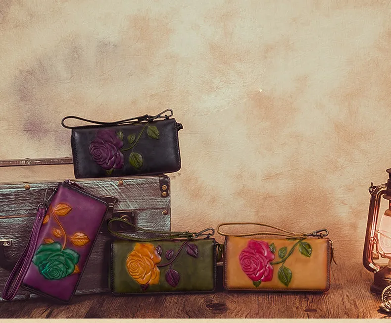 Vintage Rose Flower Tan Leather Wristlet Wallet Womens Rose Zip Around Wallets Flower Ladies Zipper Clutch Wallet for Women